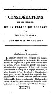 Tapa de Considérations sur les principes de la police du roulage et sur les travaux d'entretien des ..