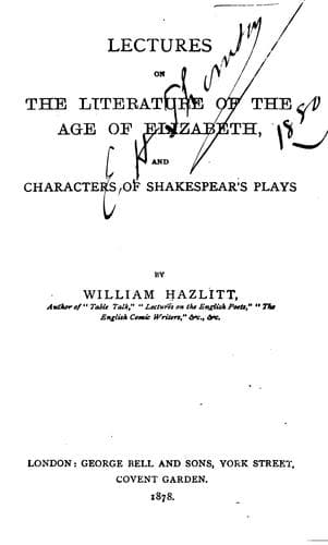 Tapa de Lectures on the Literature of the Age of Elizabeth, and Characters of Shakespear's Plays