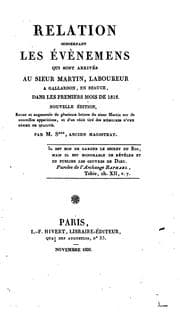 Tapa de Relation concernant les événemens qui sont arrivés au Sieur Martin, laboureur a Gallardon, en ...
