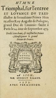 Tapa de Hymne triomphal sur l'entree et lovange dv tres-illustre & serenisime Prince Henry, esleu roy auguste de Pologne, grand duc de Lituanie
