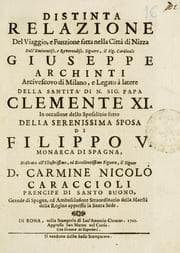 Tapa de Distinta relazione del viaggio e funzione fatta nella città di Nizza dall'eminentiss. e reverendiss. signore, il sig. cardinale Giuseppe Archinti, arcivescovo di Milano, e legato à latere della Santità di N. Sig. Papa Clemente XI. in occasione dello sponsalizio fatto della serenissima sposa di Filippo V. monarca di Spagna