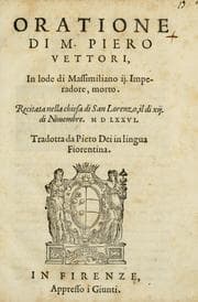 Tapa de Oratione di m. Piero Vettori in lode di Massimiliano ij. imperadore, morto