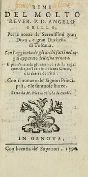 Tapa de Rime del molto rever. P.D. Angelo Grillo per le nozze de' serenissimi gran duca e gran duchessa di Toscana
