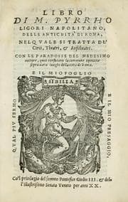 Tapa de Libro di m. Pyrrho Ligori napolitano, delle antichità di Roma, nel qvale si tratta de' circi, theatri, & anfitheatri