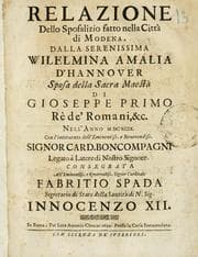Tapa de Relazione dello sposalizio fatto nella citta di Modena dalla serenissima Wilelmina Amalia d'Hannover, sposa della Sacra Maestà di Gioseppe primo, rè de' Romani, &c., nell'anno MDCXCIX