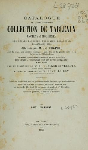 Tapa de La riche et nombreuse collection de tableaux anciens et modernes des écoles flamande, française, espagnole, hollandaise, délaissée par M. J.-J. Chapuis