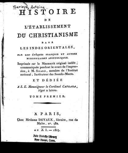 Tapa de Histoire de l'établissement du Christianisme dans les Indes Orientales, par les évêques français et autres missionnaires apostoliques