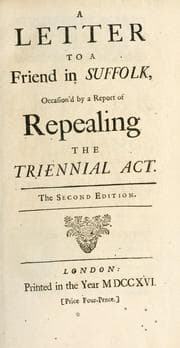 Tapa de A letter to a friend in Suffolk occasion'd by a report of repealing the Triennial Act