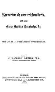 Tapa de Bernardus De cura rei famuliaris [sic] with some early Scottish prophecies, &c