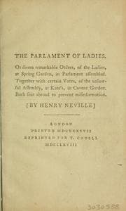Tapa de The parlament [!] of ladies, or divers remarkable orders, of the ladies at Spring Garden, in Parlament assembled. Together with certain votes, of the unlawful assembly, at Kate's, in Covent Garden. Both sent abroad to prevent misinformation