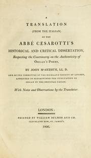Tapa de A translation (from the Italian) of the AbbCesarotti's historical and critical dissertation, respecting the controversy on the authenticity of Ossian's poems