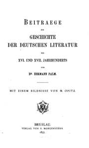 Tapa de Beitraege zur Geschichte der deutschen Literatur des XVI. Und XVII. Jahrhunderts