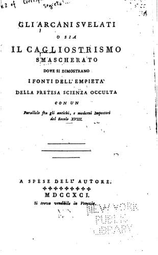 Tapa de Gli Arcani svelati, o sia il Cagliostrismo smascherato, dove si dimostrano i fonti dell'empietà ..
