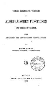 Tapa de Ueber Riemann's Theorie der algebraischen Functionen und ihrer Integrale