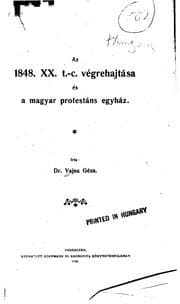 Tapa de Az 1848, XX. t.c. végrehajtása és a magyar protestáns egyház