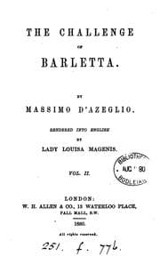 Tapa de The challenge of Barletta, rendered into Engl. [from Ettore Fieramosca] by lady L. Magenis