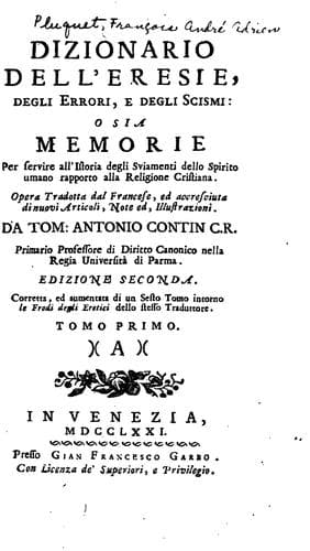 Tapa de Dizionario dell'eresie, degli errori, e degli scismi: osia, Memorie per servire all'istoria ..