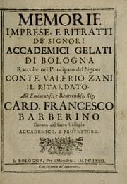 Tapa de Memorie, imprese, e ritratti de' signori Accademici Gelati de Bologna