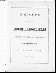 Tapa de Discours prononcé par l'honorable M. Honoré Mercier, premier ministre de la province
