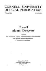 Tapa de Cornell alumni directory, containing the foundation, history, and government of the University