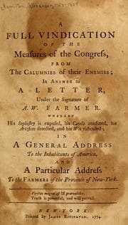 Tapa de A full vindication of the measures of the Congress, from the calumnies of their enemies, in answer to a letter, under the signature of A.W. Farmer