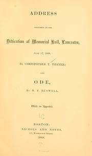 Tapa de Address delivered at the dedication of Memorial Hall, Lancaster, June 17, 1868