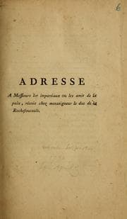 Tapa de Adresse à Messieurs les impartiaux, ou les amis de la paix, réunis chez monseigneur le duc de la Rochefoucauld