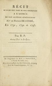 Tapa de Récit de ce qui s'est passé de plus remarquable á l'Armée de son Altesse Sérénissime Mgr le prince de Condé en 1791, 1792 et 1793