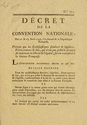 Tapa de Décret de la Convention Nationale, portant que les ecclésiastiques séculiers et réguliers, frères convers et lais, qui n'ont pas prêté le serment de maintenir la liberté et l'égalité, seront transférés à la Guyane française