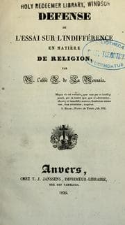 Tapa de Défense de l'Essai sur l'indifférence en matière de religion