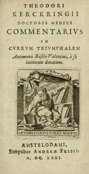Tapa de Theodori Kerckringii doctoris medici Commentarius in Currum triumphalem antimonii Basilii Valentini