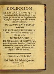 Tapa de Coleccion de las aplicaciones que se van haciendo de los bienes, casas, y colegios que fueron de los regulares de la Compañia de Jesus, expatriados de estos reales dominios