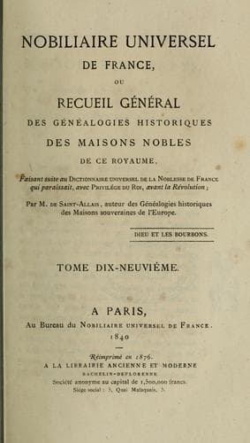 Tapa de Nobiliaire universel de France, ou Recueil général des généalogies historiques des maisons nobles de ce royaume