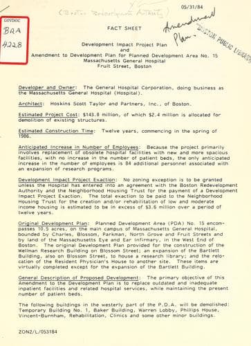 Tapa de Fact sheet: development impact project plan and amendment to development plan for planned development area no. 15, Massachusetts general hospital, fruit street, Boston