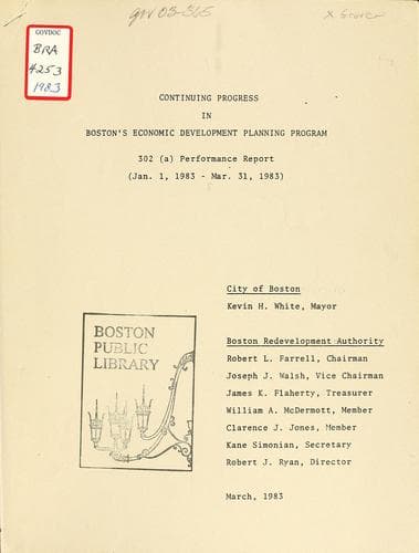 Tapa de Continuing progress in Boston's economic development planning program, 304 (a) performance report (jan. 1, 1983 - mar. 31, 1983)