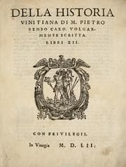 Tapa de Della historia vinitiana di M. Pietro Bembo card. volgarmente scritta. Libri XII