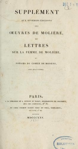 Tapa de Supplément aux diverses éditions des œuvres de Molière, ou, Lettres sur la femme de Molière et poésies du comte de Modène, son beau-père