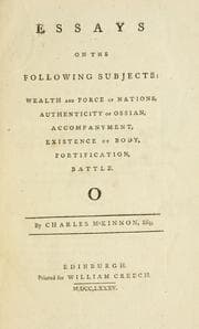 Tapa de Essays on the following subjects: Wealth and force of nations, authenticity of Ossian, accompanyment, existence of body, fortification, battle