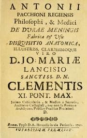 Tapa de Antonii Pacchioni \U+2026\ De durae meningis fabrica & usu disquisitio anatomica \U+2026\