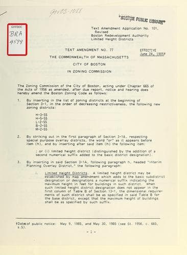 Tapa de Text amendment application no. 101, revised, Boston redevelopment authority, limited height districts