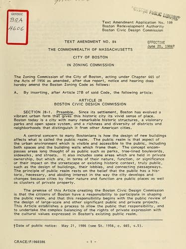 Tapa de Text amendment application no. 109, Boston redevelopment, Boston civic design commission: text amendment no. 84, the commonwealth of Massachusetts, city of Boston in zoning commission
