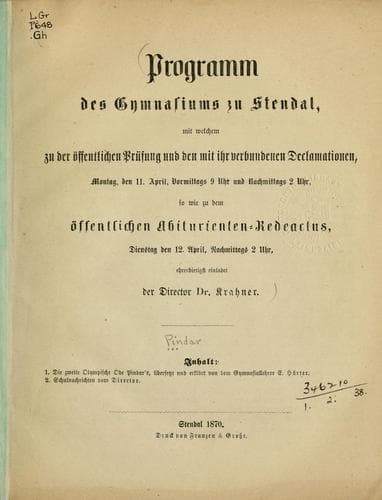 Tapa de Die zweite Olympische ode Pindar's