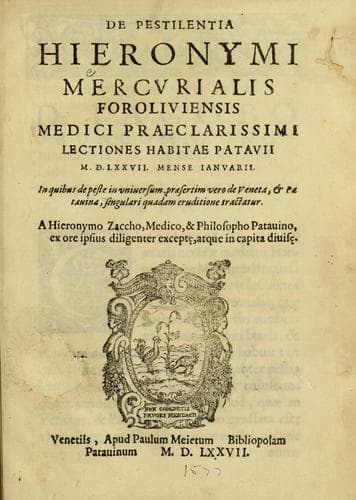 Tapa de De pestilentia Hieronymi Mercurialis Foroliuiensis medici praeclarissimi lectiones habitae Patauii M.D.LXXVII mense Ianuarii