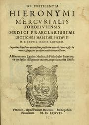 Tapa de De pestilentia Hieronymi Mercurialis Foroliuiensis medici praeclarissimi lectiones habitae Patauii M.D.LXXVII mense Ianuarii