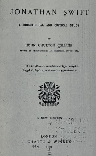 Tapa de Jonathan Swift; a biographical and critical study