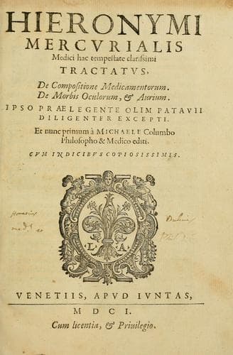 Tapa de Hieronymi Mercurialis medici hac tempestate clarissimi Tractatus De compositione medicamentorum, De morbis oculorum, & aurium