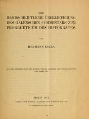 Tapa de Die handschriftliche Überlieferung des Galenschen Commentars zum Prorrheticum des Hippokrates