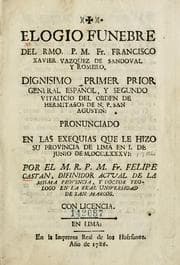 Tapa de Elogio f©ðnebre del Rmo P.M. Fr. Francisco Xavier V©Łzquez de Sandoval y Romero ...