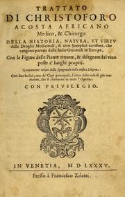 Tapa de Trattato di Christoforo Acosta Africano medico, & chirurgo della historia, natura, et virtu delle droghe medicinali, & altri semplici rarissimi, che vengono portati dalle Indie Orientali in Europa