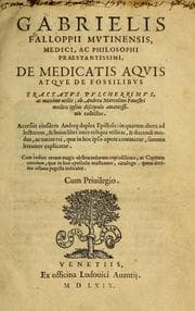 Tapa de Gabrielis Falloppii De medicatis aquis atque de fossilibus tractatus pulcherrimus, ac maxime utilis